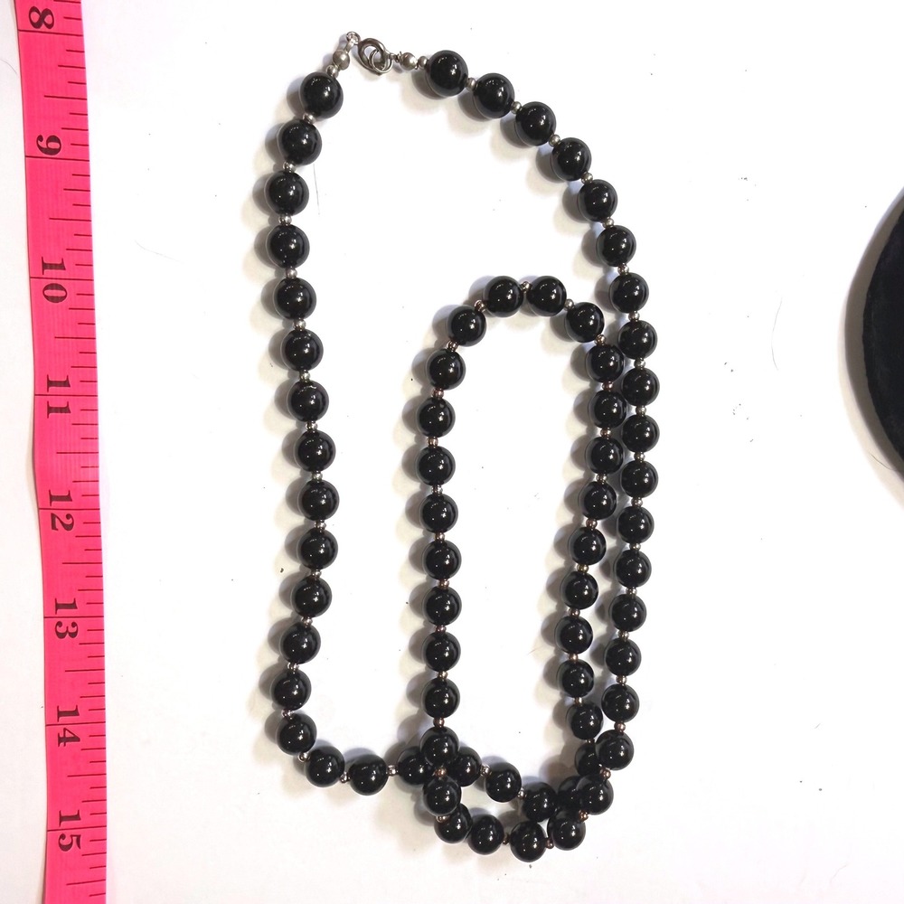 Vintage Black Onyx Beaded Necklace 30 Inch Opera Length Silver Tone Spacers
